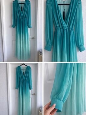 Fashion Nova Teal to Mint Ombre Long Sleeve Maxi Dress